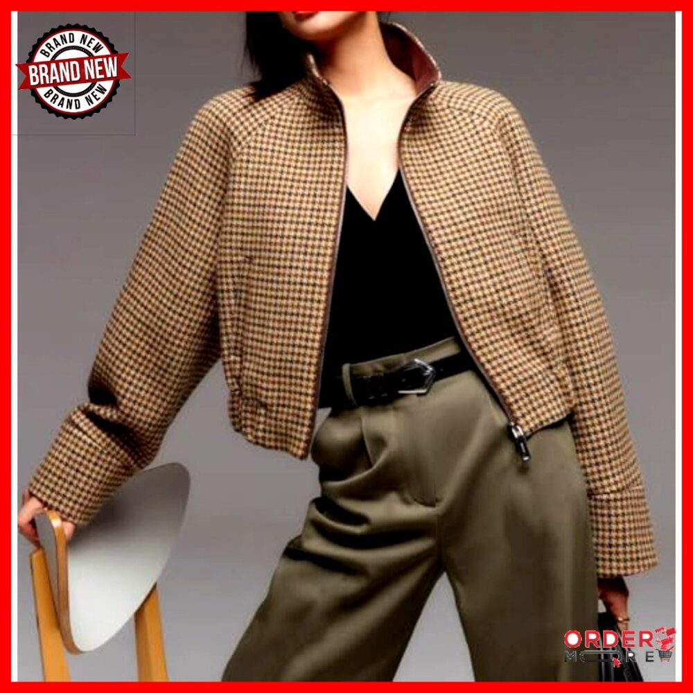 Wool Blend Cropped Bomber Jacket Regular Fit Houn… - image 3